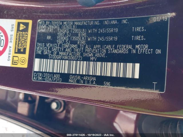 5TDDGRFHXKS060723 Toyota Highlander Hybrid Limited Platinum