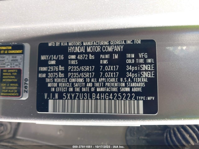 2017 HYUNDAI SANTA FE SPORT 2.4L VIN: 5XYZU3LB4HG425222