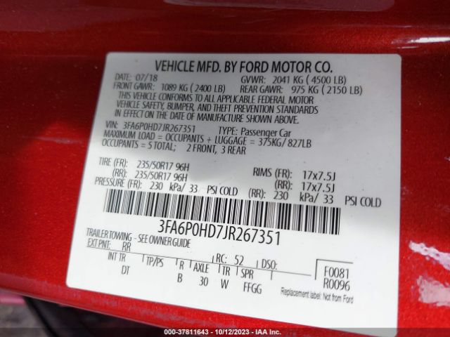 3FA6P0HD7JR267351 Ford FUSION SE
