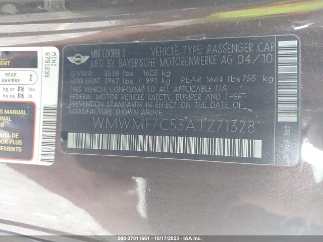 2010 MINI COOPER HARDTOP WMWMF7C53ATZ71328 Photo 8