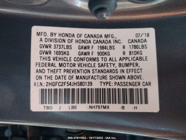 2HGFC2F54JH580139 Honda Civic Sedan Lx