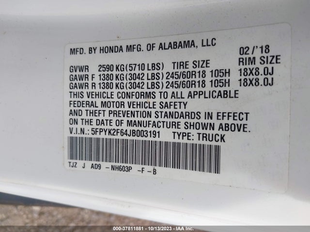 Honda Ridgeline Rtl-t 2018 5FPYK2F64JB003191 Image 9