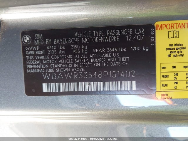 2008 BMW 3 SERIES 328I VIN: WBAWR33548P151402