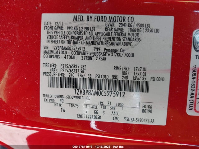 2012 FORD MUSTANG V6 VIN: 1ZVBP8AM0C5275912