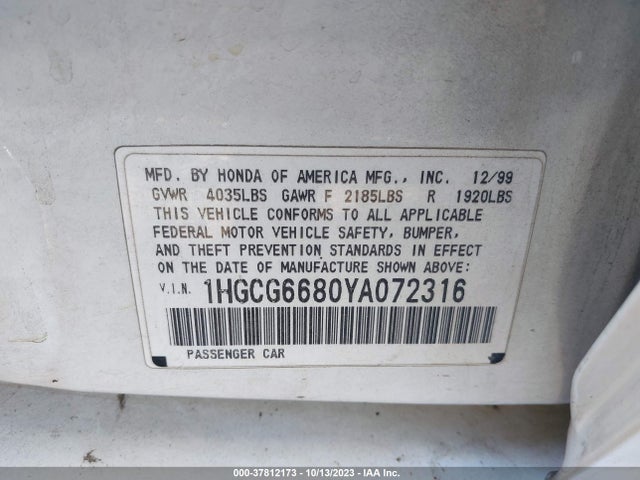 2000 HONDA ACCORD SDN EX W/LEATHER VIN: 1HGCG6680YA072316