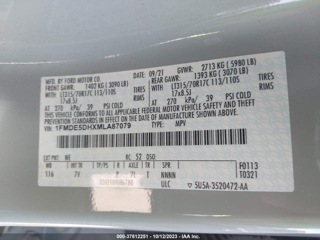 2021 FORD BRONCO OUTER BANKS VIN: 1FMDE5DHXMLA87079