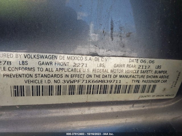 2006 VOLKSWAGEN JETTA SEDAN VALUE EDITION VIN: 3VWPF71K66M839711