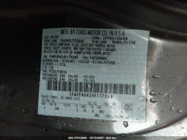 2004 FORD MUSTANG STANDARD/DELUXE/PREMIUM VIN: 1FAFP40424F117233