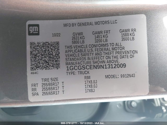 2022 CHEVROLET COLORADO 2WD SHORT BOX LT VIN: 1GCGSCEN9N1312009