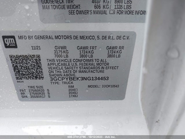 2022 CHEVROLET SILVERADO 1500 LTD 4WD SHORT BED CUSTOM VIN: 3GCPYBEK3NG134453