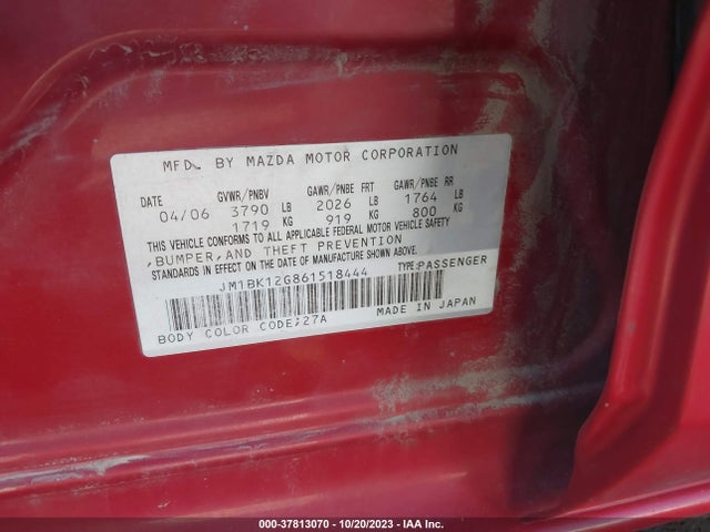 2006 MAZDA MAZDA3 I VIN: JM1BK12G861518444