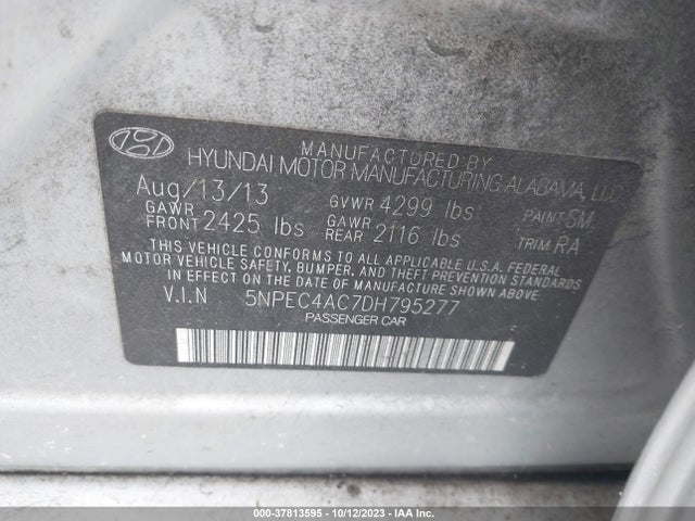 2013 HYUNDAI SONATA SE VIN: 5NPEC4AC7DH795277