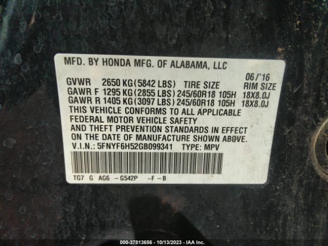 5FNYF6H52GB099341 Honda Pilot Ex-l