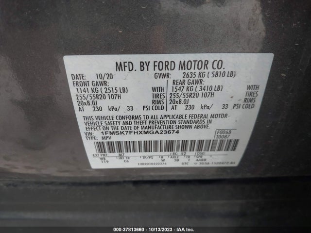 2021 FORD EXPLORER LIMITED VIN: 1FMSK7FHXMGA23674