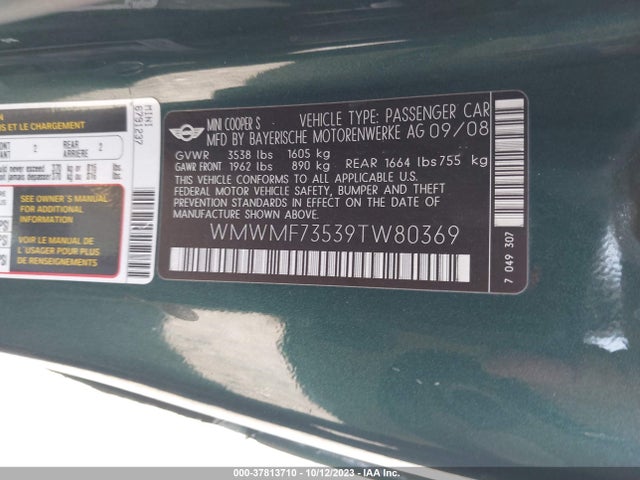 2009 MINI COOPER HARDTOP S VIN: WMWMF73539TW80369