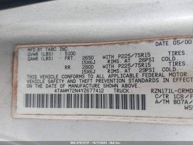 2000 TOYOTA TACOMA VIN: 4TAWM72N4YZ677412