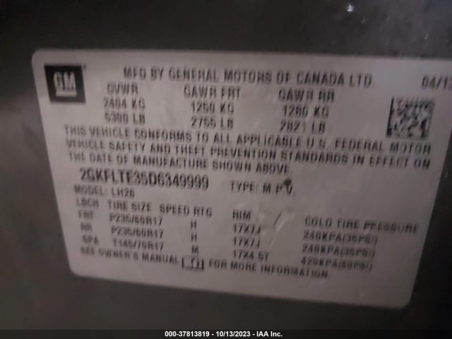 2013 GMC TERRAIN SLE VIN: 2GKFLTE35D6349999