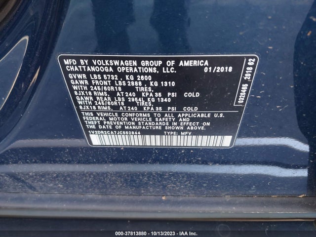 1V2DR2CA7JC552844 Volkswagen Atlas 3.6l V6 Se