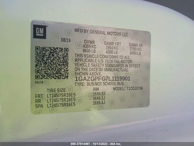 Chevrolet Express Passenger Lt 2020 1GAZGPFG7L1119901 Image 9