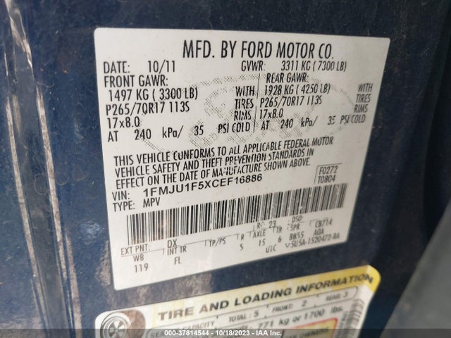 2012 FORD EXPEDITION XL VIN: 1FMJU1F5XCEF16886
