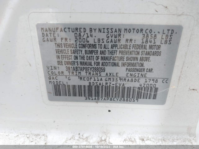 2014 NISSAN SENTRA SR VIN: 3N1AB7AP8EY288059