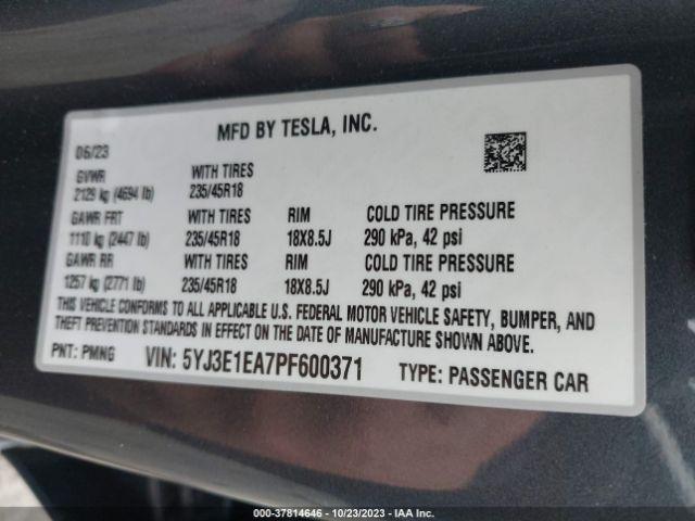 5YJ3E1EA7PF600371 Tesla MODEL 3