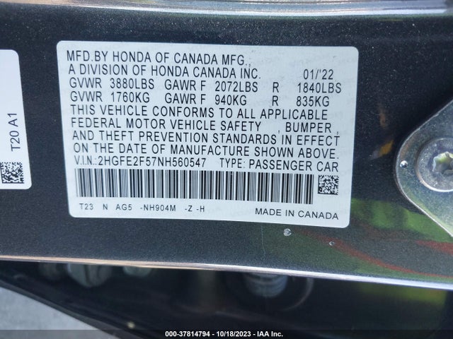 2022 HONDA CIVIC SEDAN SPORT VIN: 2HGFE2F57NH560547