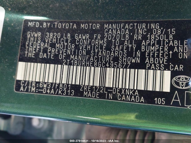 2016 TOYOTA COROLLA L/LE/S/S PLUS/LE PLUS VIN: 2T1BURHE8GC495677
