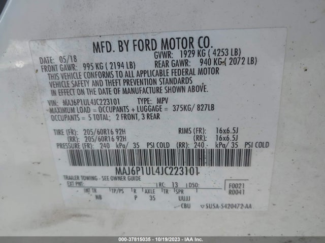 2018 FORD ECOSPORT SE VIN: MAJ6P1UL4JC223101