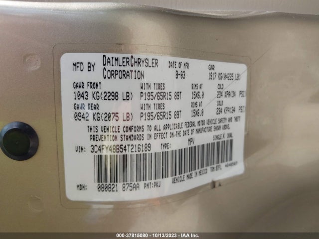 2004 CHRYSLER PT CRUISER VIN: 3C4FY48B54T216189