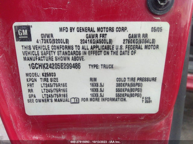 2005 CHEVROLET SILVERADO 2500HD WORK TRUCK VIN: 1GCHK24205E299486