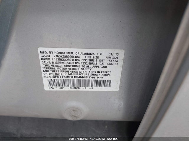 Honda Pilot Ex-l 2015 5FNYF4H51FB046648 Image 9