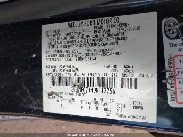 2008 FORD FUSION SE VIN: 3FAHP07148R117756
