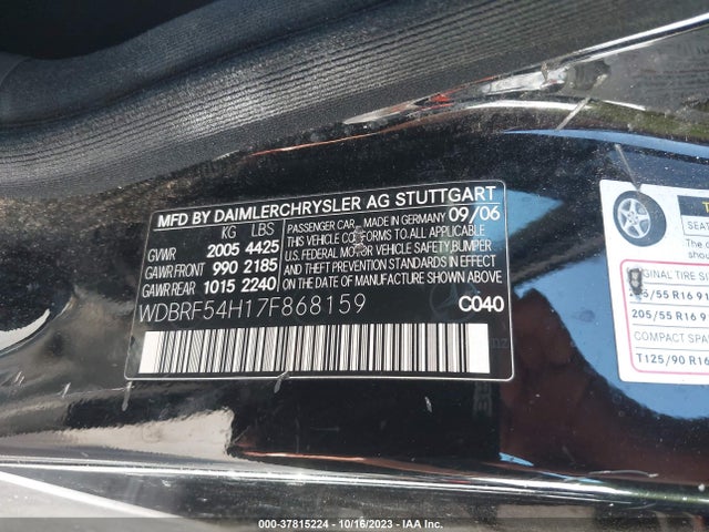 2007 MERCEDES-BENZ C-CLASS 3.0L LUXURY VIN: WDBRF54H17F868159
