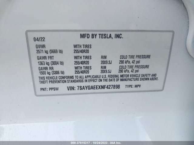 Tesla Model Y Long Range 2022 7SAYGAEEXNF427898 Image 9