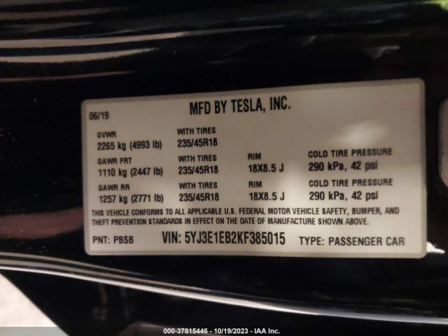 5YJ3E1EB2KF385015 Tesla Model 3 Performance/long Range