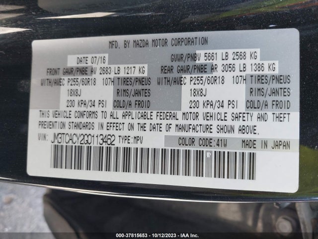 2016 MAZDA CX-9 TOURING VIN: JM3TCACY2G0113462