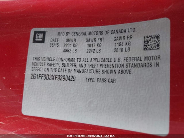 Chevrolet Camaro 2lt 2015 2G1FF3D3XF9290429 Image 9