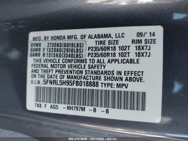 Honda Odyssey Touring 2015 5FNRL5H95FB018888 Image 9