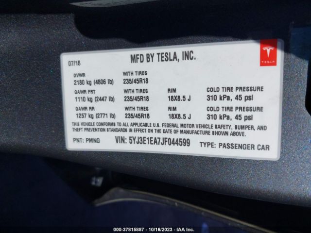 5YJ3E1EA7JF044599 Tesla Model 3 Range Battery