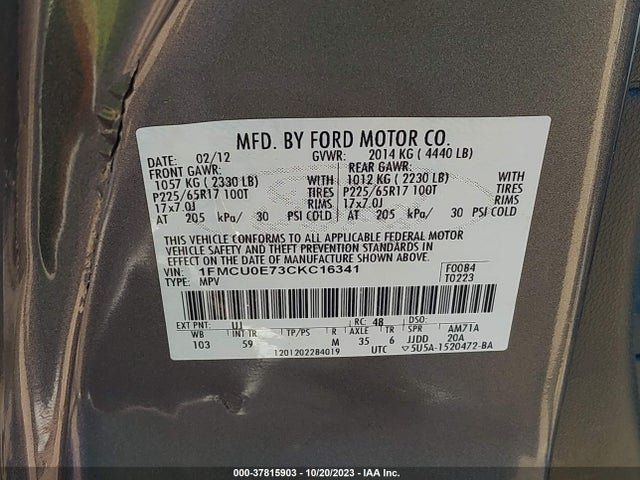 2012 FORD ESCAPE LIMITED VIN: 1FMCU0E73CKC16341