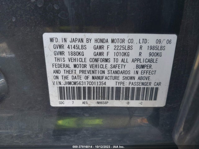 2007 HONDA ACCORD SDN LX SE VIN: JHMCM56317C011354