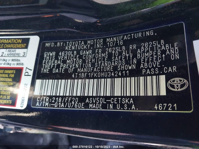 Toyota CAMRY SE 2017 4T1BF1FK0HU342411 Image 9