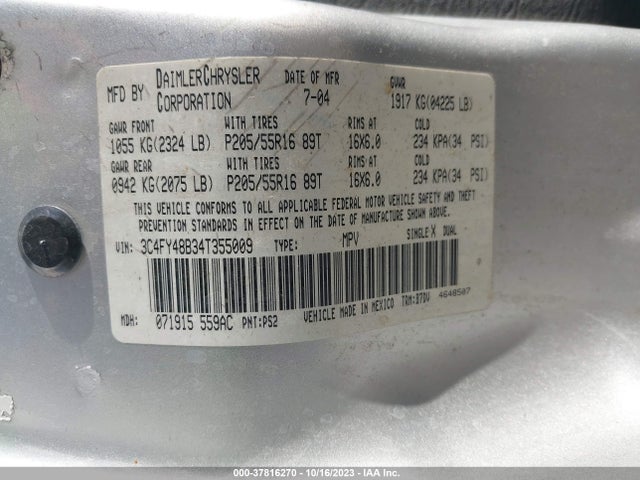 2004 CHRYSLER PT CRUISER VIN: 3C4FY48B34T355009