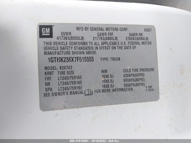 2007 GMC SIERRA 2500HD SLE2 VIN: 1GTHK236X7F515555