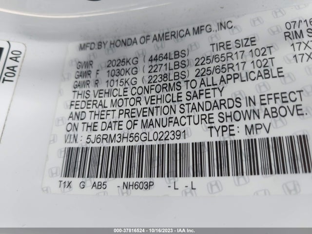 Honda CR-V EX 2016 5J6RM3H56GL022391 Image 9