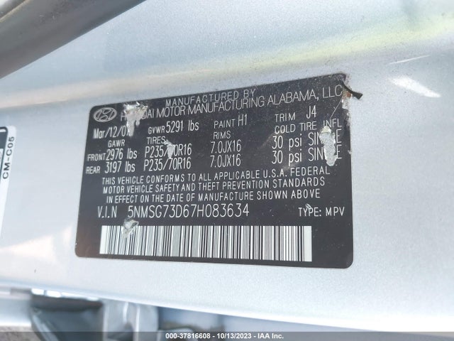 2007 HYUNDAI SANTA FE GLS VIN: 5NMSG73D67H083634