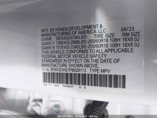 5FNYG1H21PB026113 Honda PILOT LX