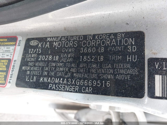 Aukcja sprzedaży 2016 Kia Rio Lx, vin: KNADM4A3XG6669516, numer aukcji: 37816660