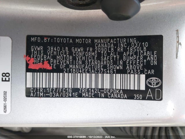 2010 TOYOTA COROLLA VIN: 2T1BU4EE1AC375461